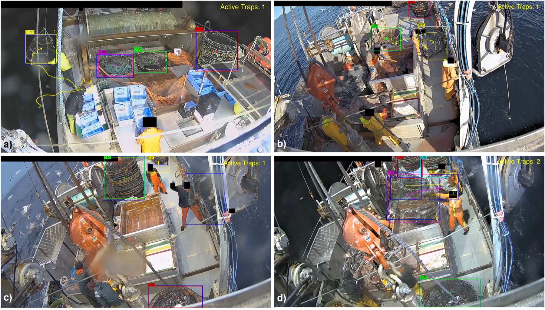 Four deck-camera views from fishing vessels with traps detected, tracked and counted
